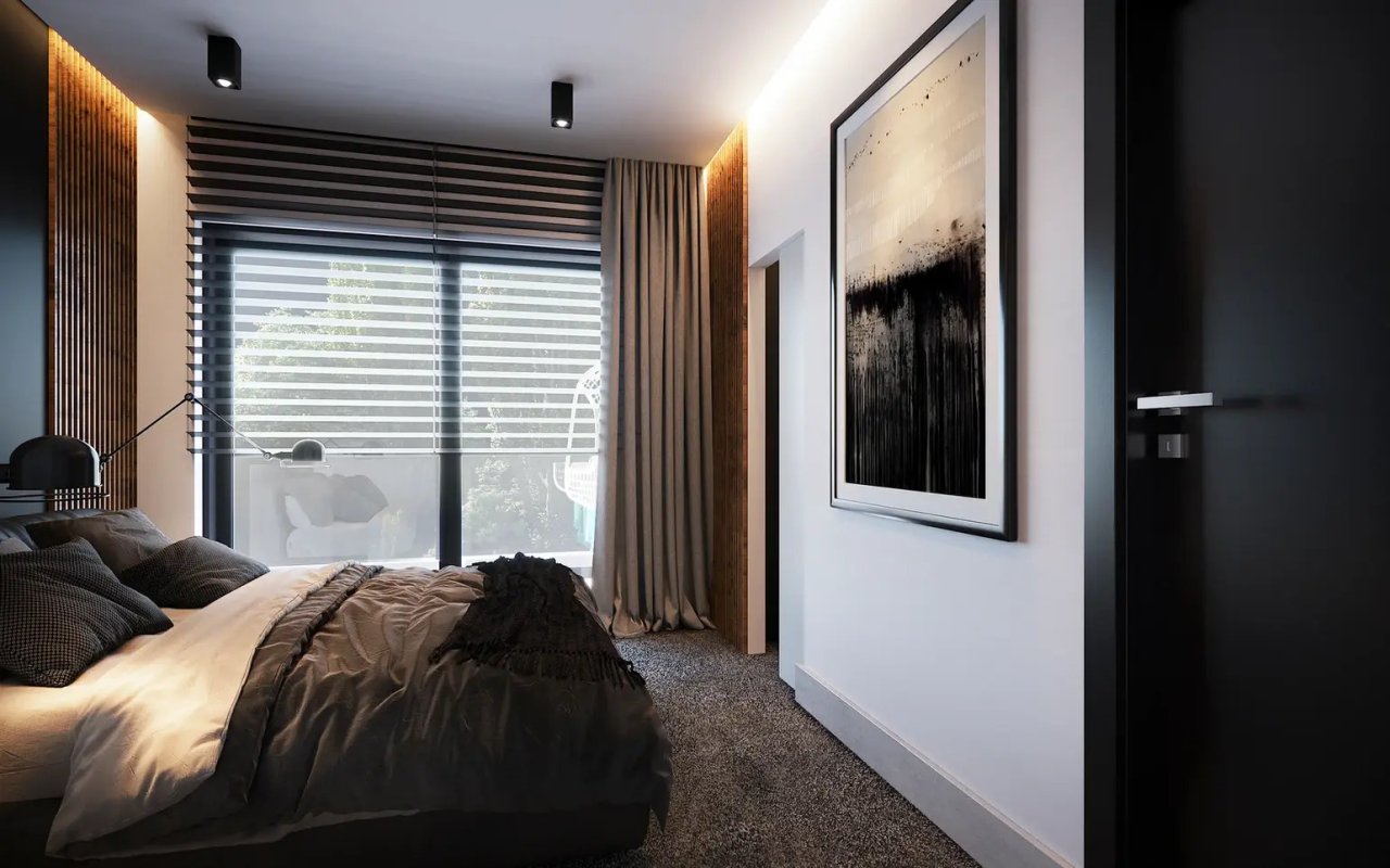 Elegantes Schlafzimmer mit bodentiefen Fenstern und intelligenter Beleuchtungsarchitektur