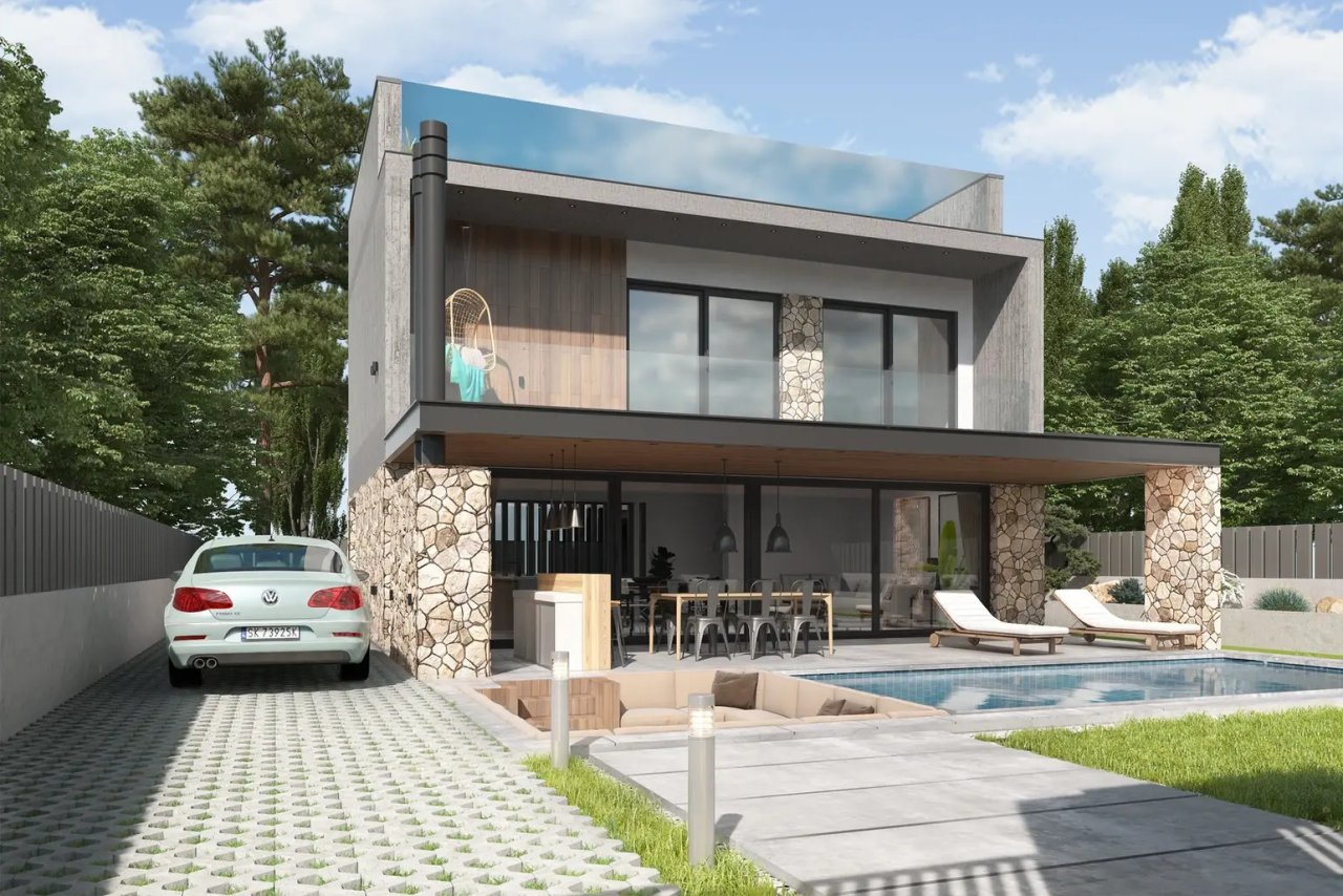 Moderne Architektur mit beeindruckender Poollandschaft und durchdachtem Außenbereich