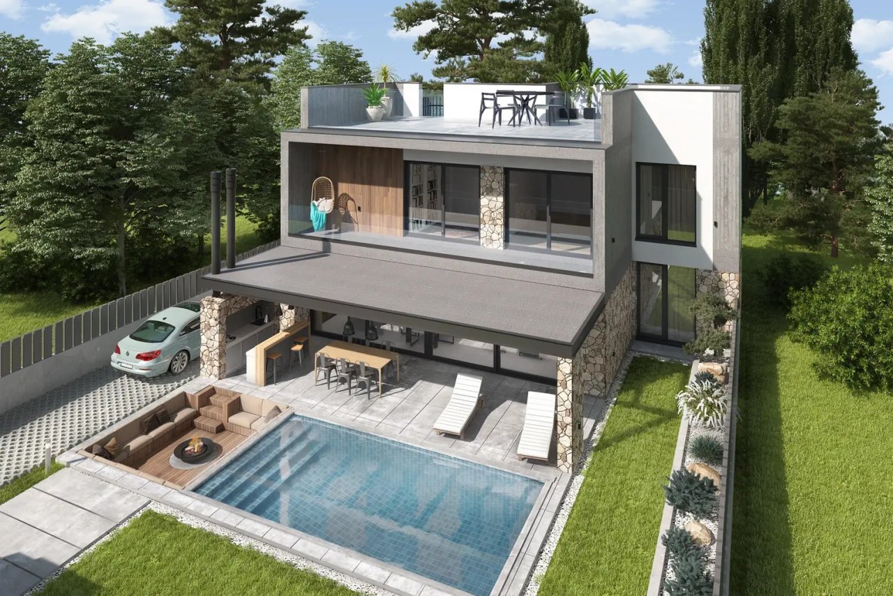 Luxuriöse Poolanlage mit integriertem Lounge-Bereich und direktem Zugang zum Wohngeschoss