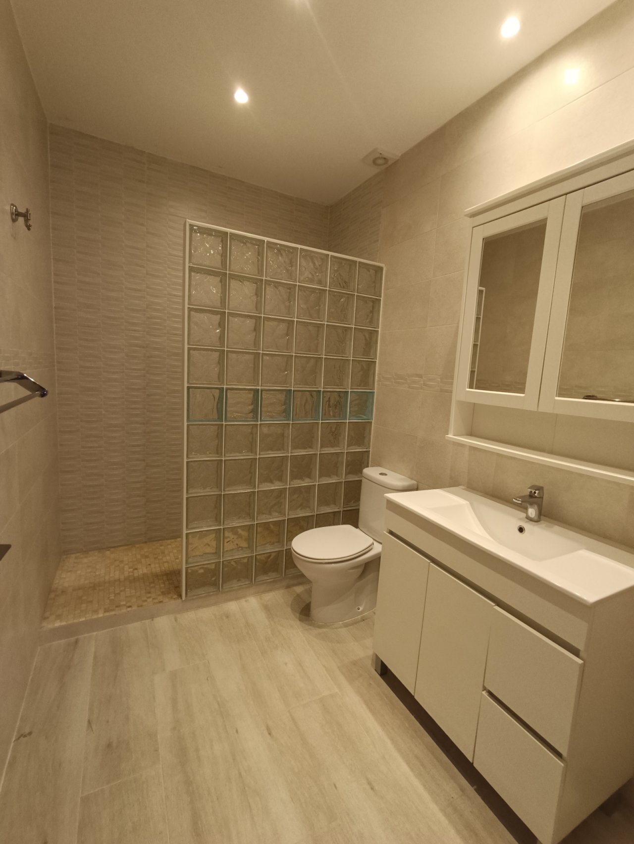 Modernes Badezimmer mit bodengleicher Dusche und Doppelwaschtisch – Heller Nassbereich mit praktischen Spiegelschränken und LED-Deckenbeleuchtung Modernes Badezimmer mit bodengleicher Dusche und Doppelwaschtisch – Heller Nassbereich mit praktischen Spiegelschränken und LED-Deckenbeleuchtung