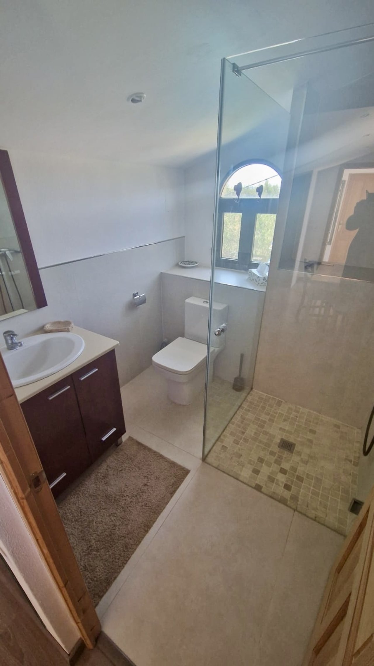 Modernes Badezimmer mit ebenerdiger Dusche und natürlicher Lichtzufuhr