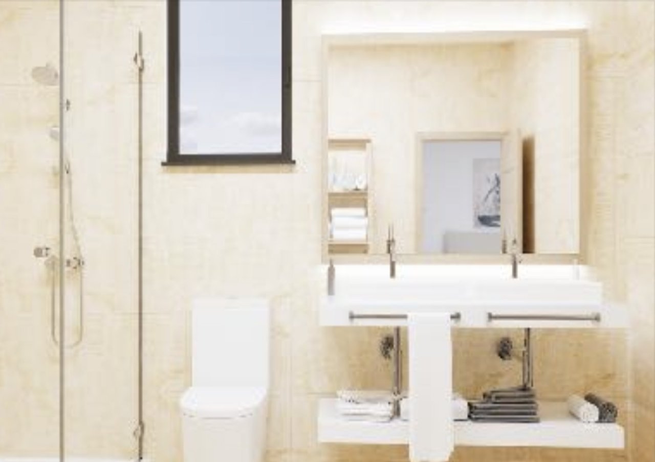 Modernes Badezimmer mit Doppelwaschtisch und begehbarer Dusche Modernes Badezimmer mit Doppelwaschtisch und begehbarer Dusche