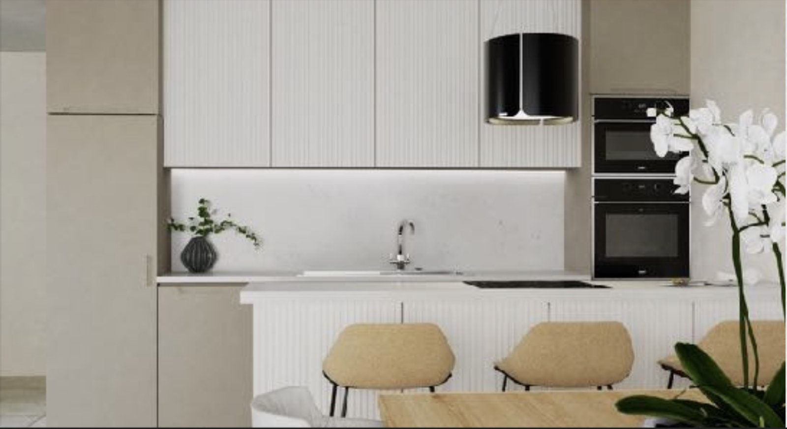 Moderne Küche mit integrierter Kochinsel und hochwertigen Einbaugeräten Moderne Küche mit integrierter Kochinsel und hochwertigen Einbaugeräten