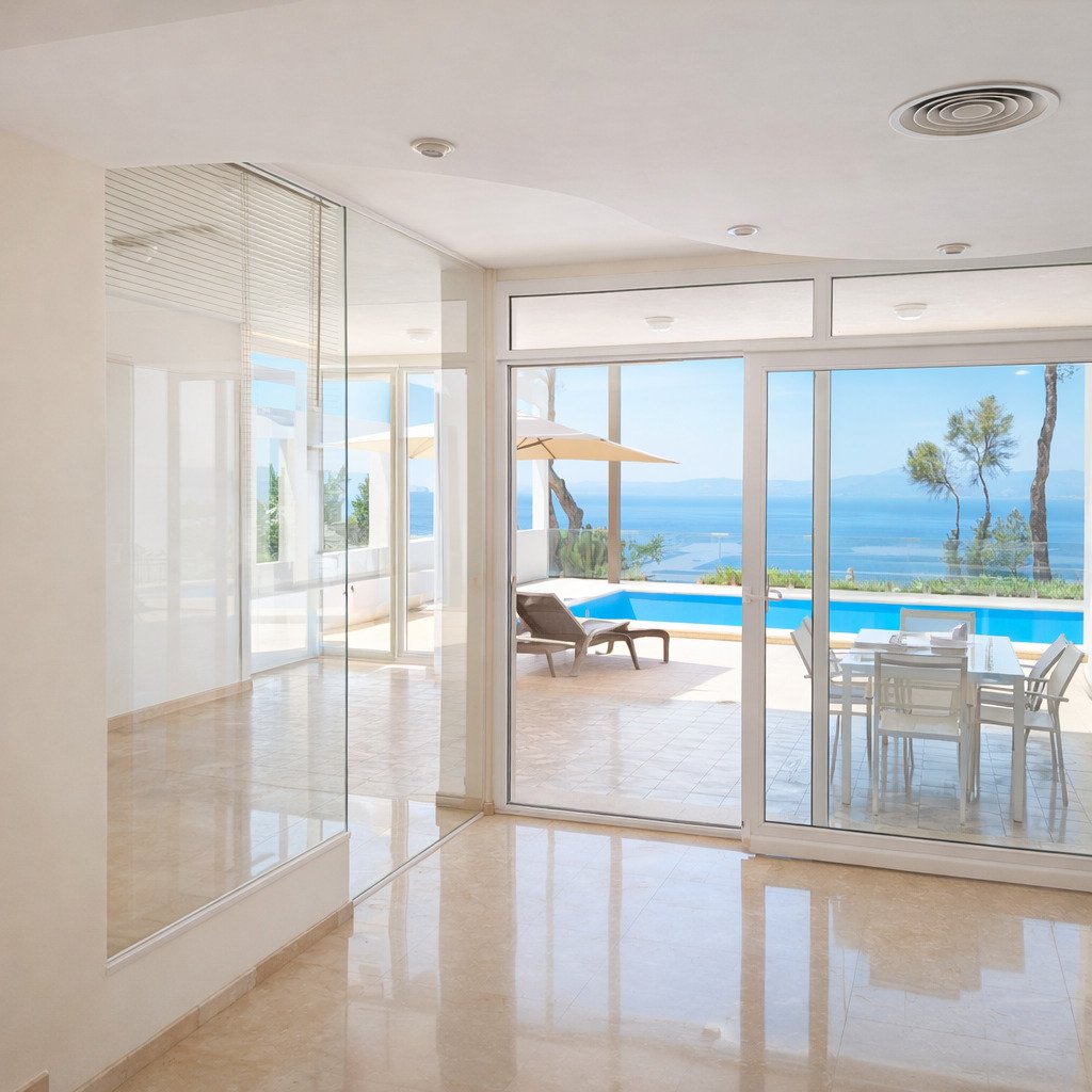 Helles Wohnzimmer mit bodentiefen Glasschiebetüren und freiem Meerblick Helles Wohnzimmer mit bodentiefen Glasschiebetüren und freiem Meerblick