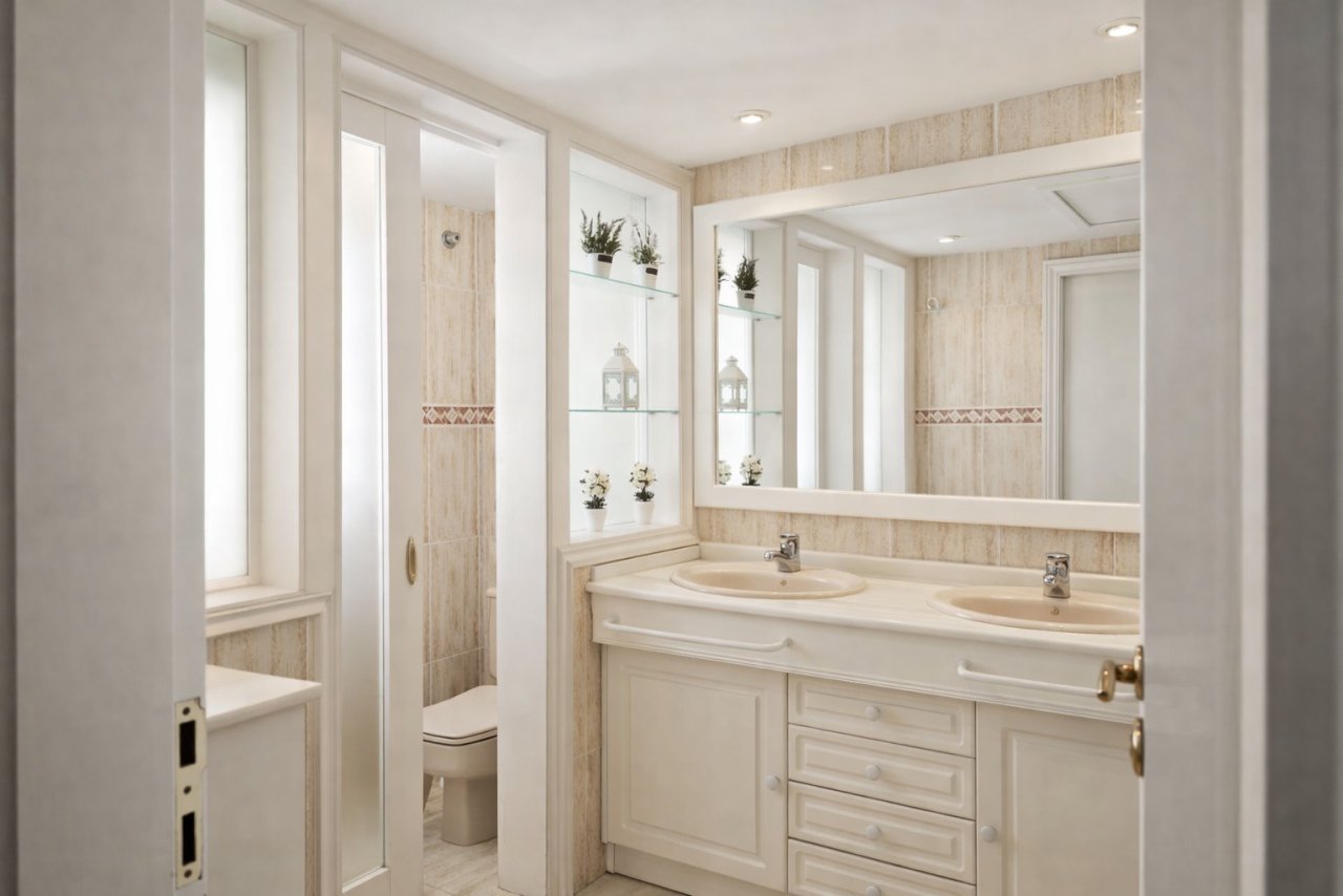 Elegantes Badezimmer mit Doppelwaschtisch und großflächigem Spiegelsystem Elegantes Badezimmer mit Doppelwaschtisch und großflächigem Spiegelsystem