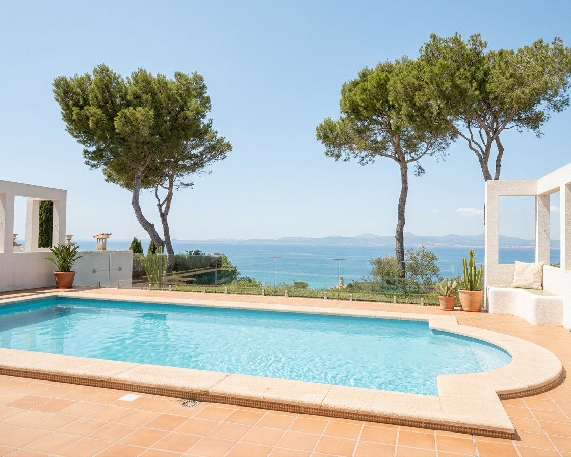 Freiformpool mit unverbaubarem Meerblick und modernem Terrassensystem Freiformpool mit unverbaubarem Meerblick und modernem Terrassensystem