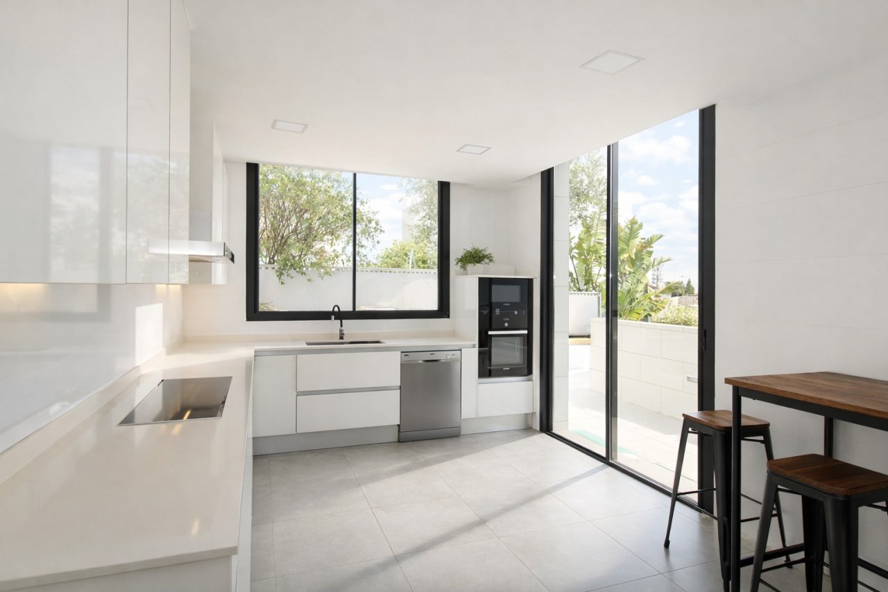 Moderne Küche mit integriertem Doppelbackofen und großflächiger Fensterfront zum Garten Moderne Küche mit integriertem Doppelbackofen und großflächiger Fensterfront zum Garten