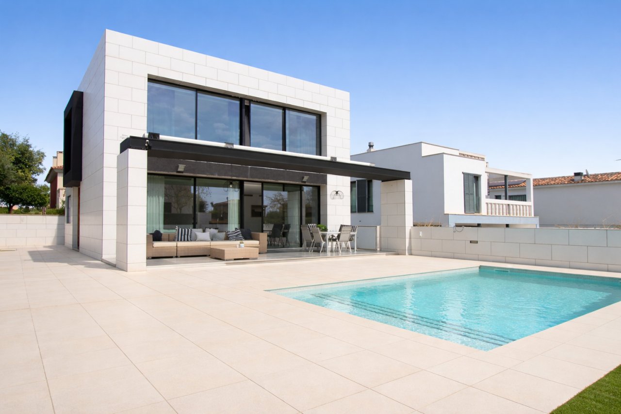 Modernes Poolhaus mit großzügiger Glasfront und ausfahrbarem Sonnenschutz Modernes Poolhaus mit großzügiger Glasfront und ausfahrbarem Sonnenschutz