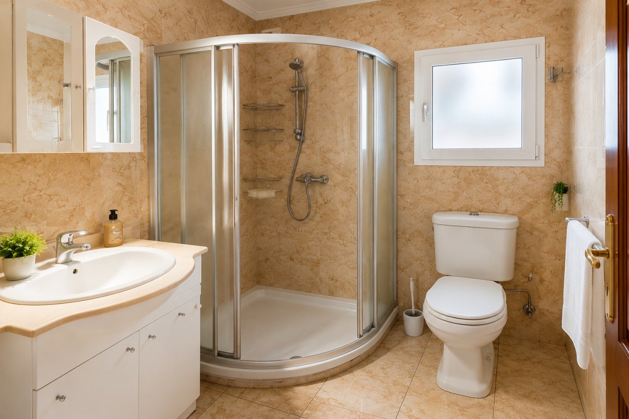 Modernes Badezimmer mit begehbarer Duschkabine und praktischer Raumaufteilung Modernes Badezimmer mit begehbarer Duschkabine und praktischer Raumaufteilung