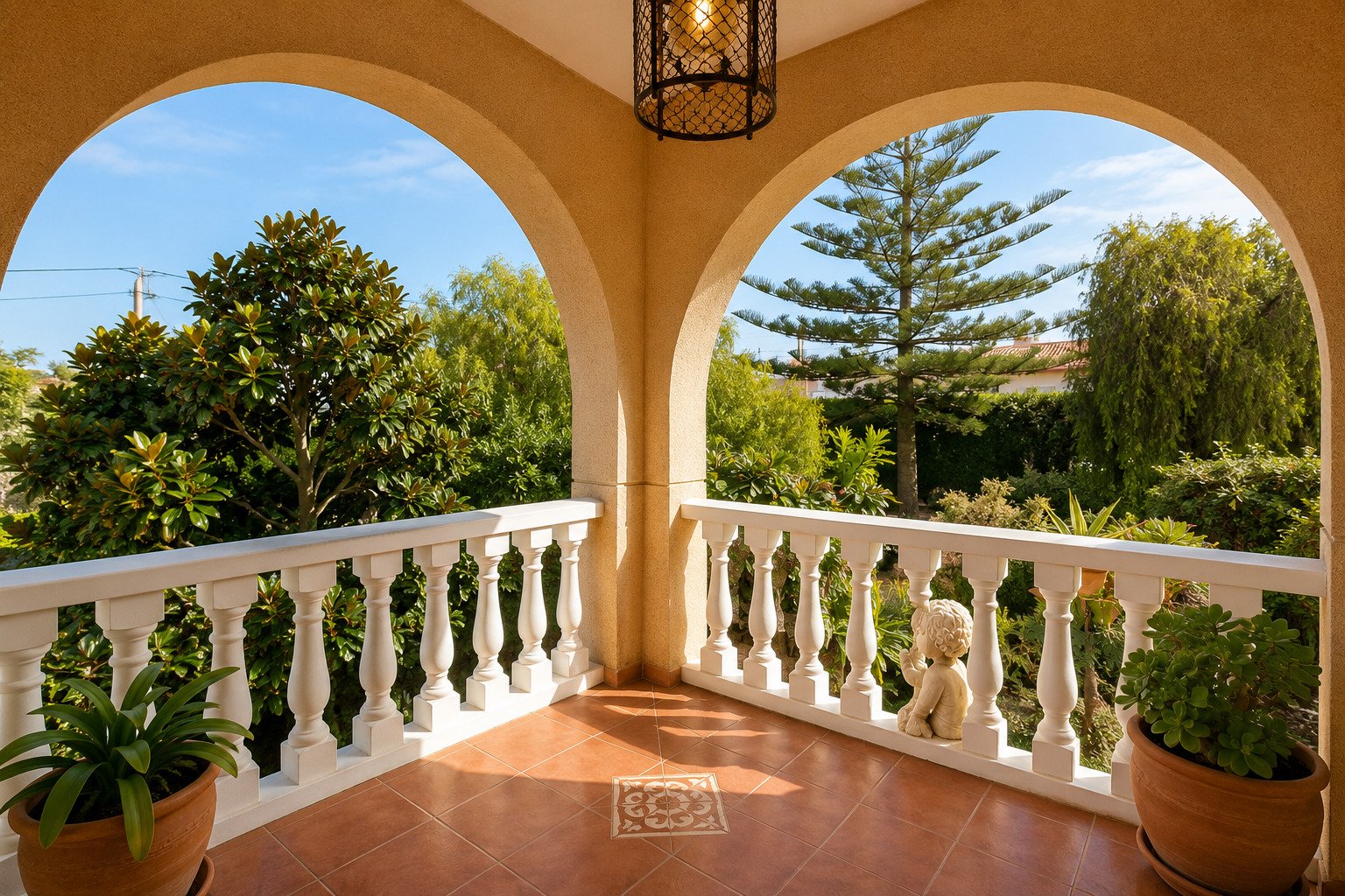 Mediterrane Loggia mit eleganten Rundbogenarkaden und Natursteinbelag Mediterrane Loggia mit eleganten Rundbogenarkaden und Natursteinbelag