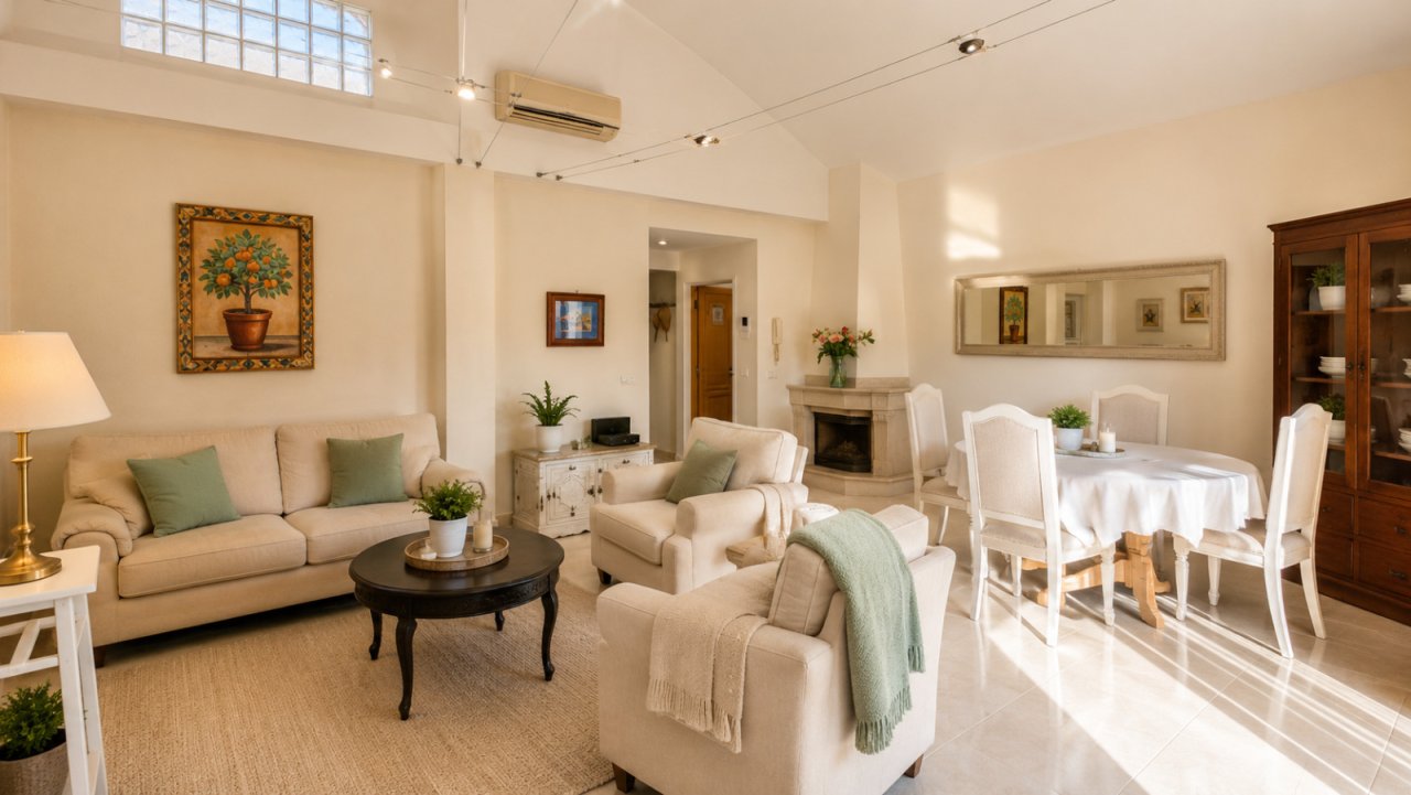 Elegantes Wohnzimmer im Penthouse in Inca Mallorca mit Essbereich und Balkon