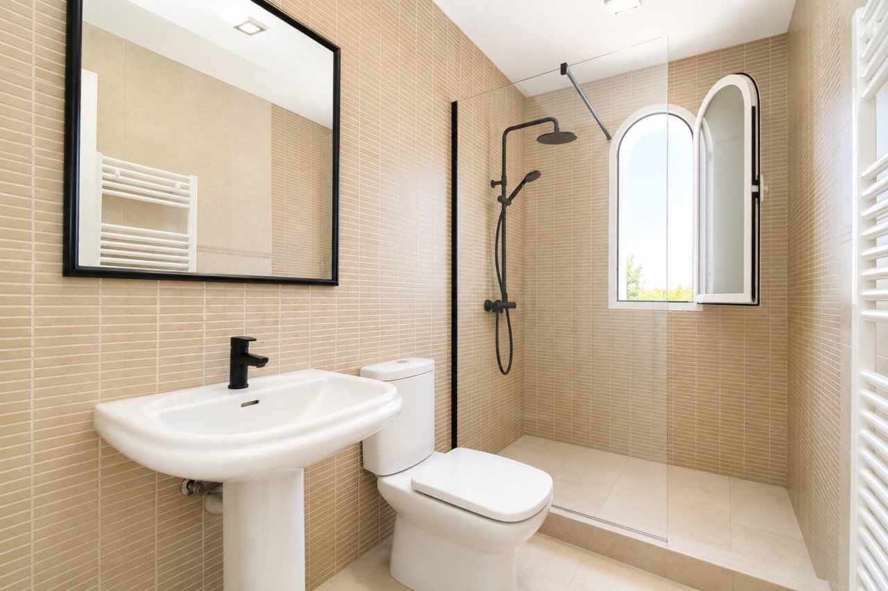Modernes Badezimmer mit bodengleicher Dusche und hochwertiger Sanitärausstattung Modernes Badezimmer mit bodengleicher Dusche und hochwertiger Sanitärausstattung