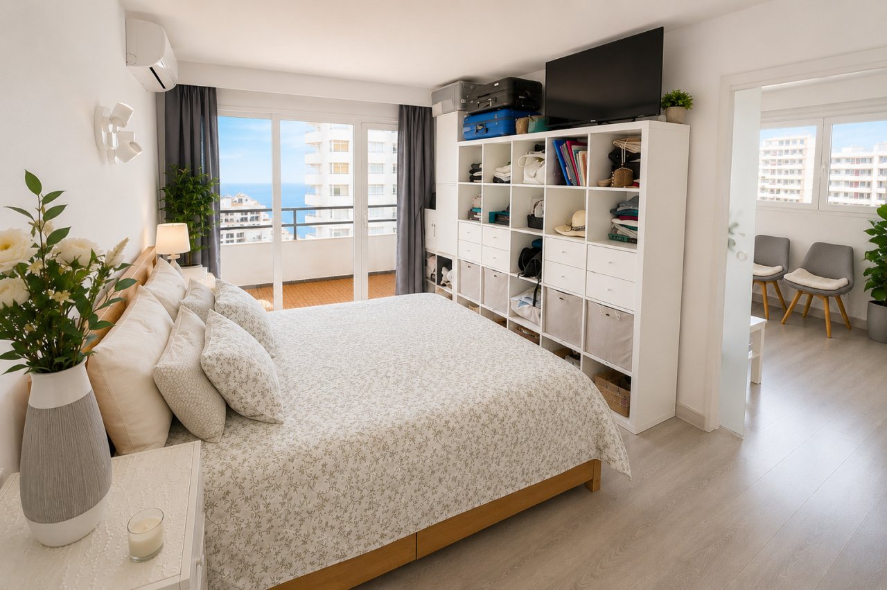 Schlafzimmer mit begehbarem Ankleidbereich und Meerblick-Zugang Schlafzimmer mit begehbarem Ankleidbereich und Meerblick-Zugang