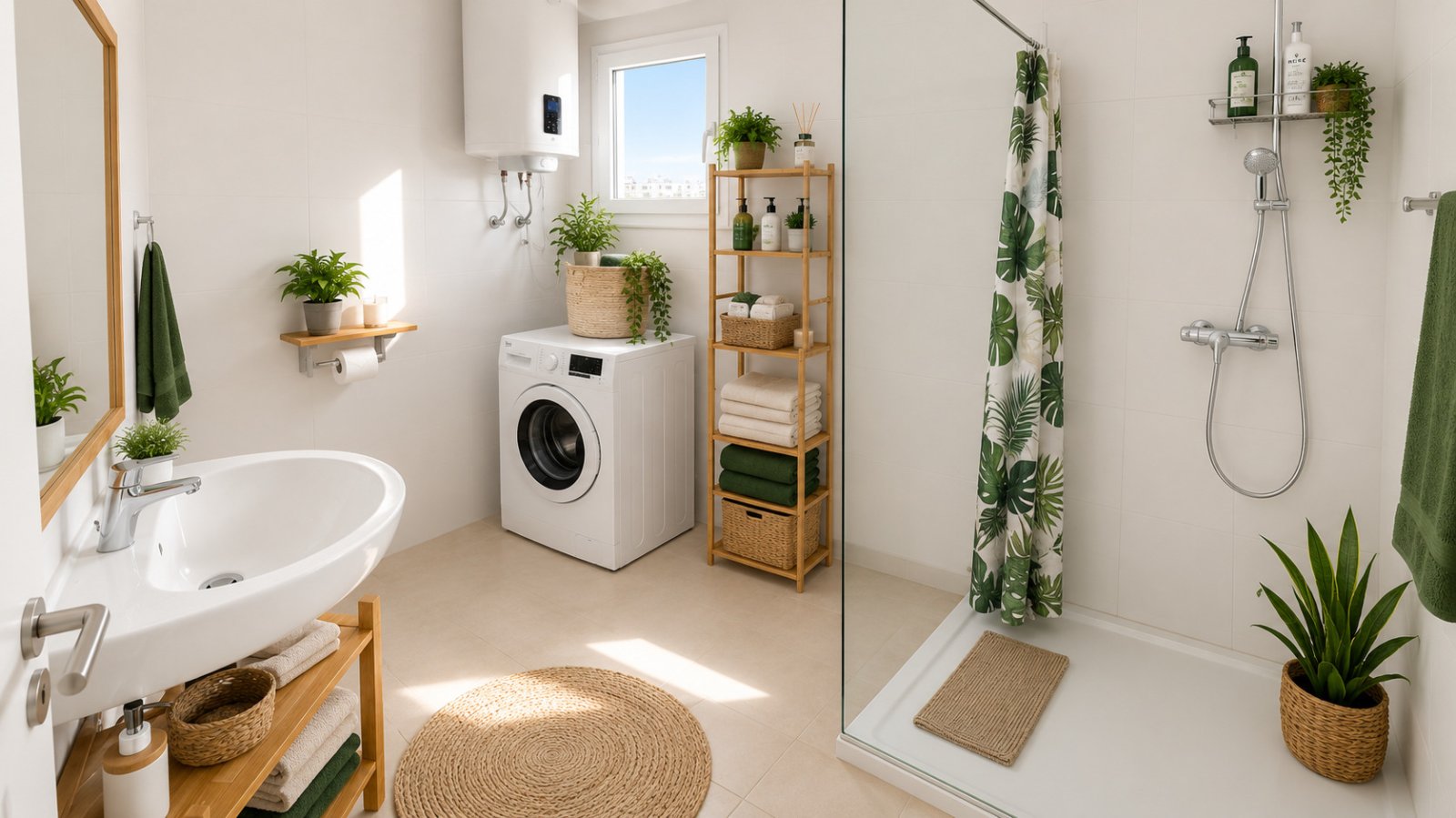 Funktionales Badezimmer mit integrierter Waschküche und begehbarer Dusche Funktionales Badezimmer mit integrierter Waschküche und begehbarer Dusche