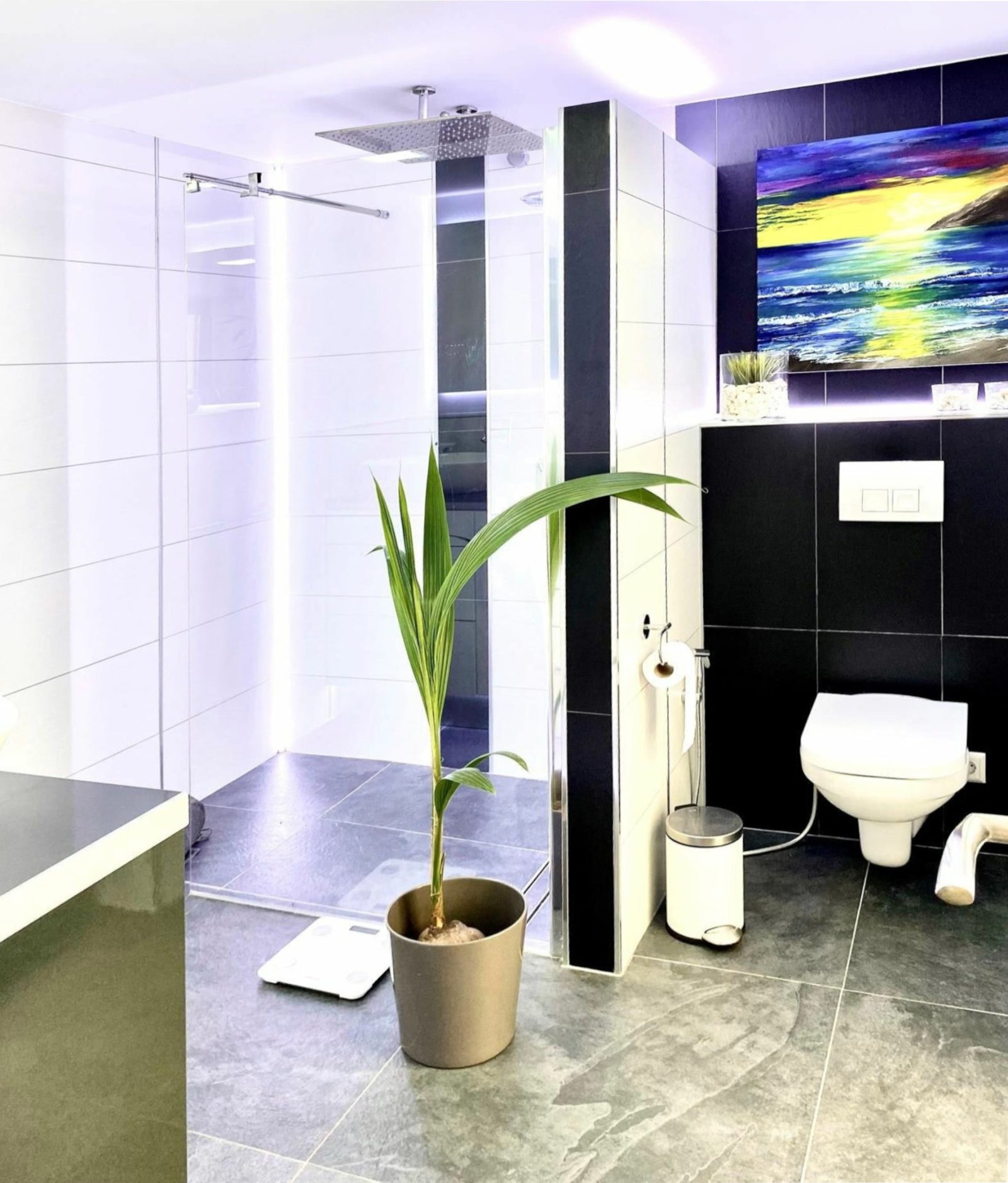 Modernes Badezimmer mit Walk-In-Dusche, Regenduschkopf und intelligenter Raumnutzung Modernes Badezimmer mit Walk-In-Dusche, Regenduschkopf und intelligenter Raumnutzung