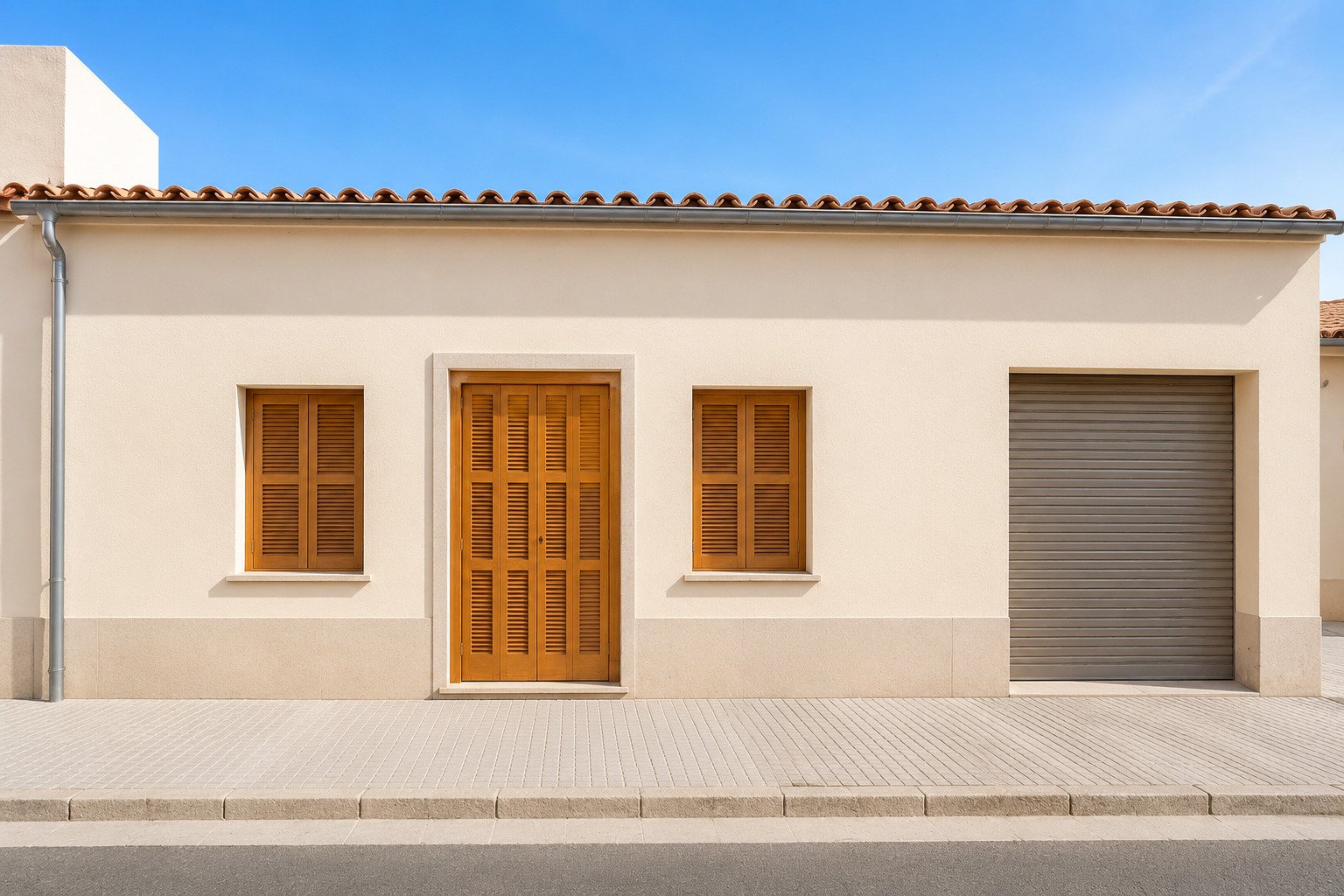 Klassische Hoffront mit authentischen Holzläden und integrierter Garagenzufahrt
