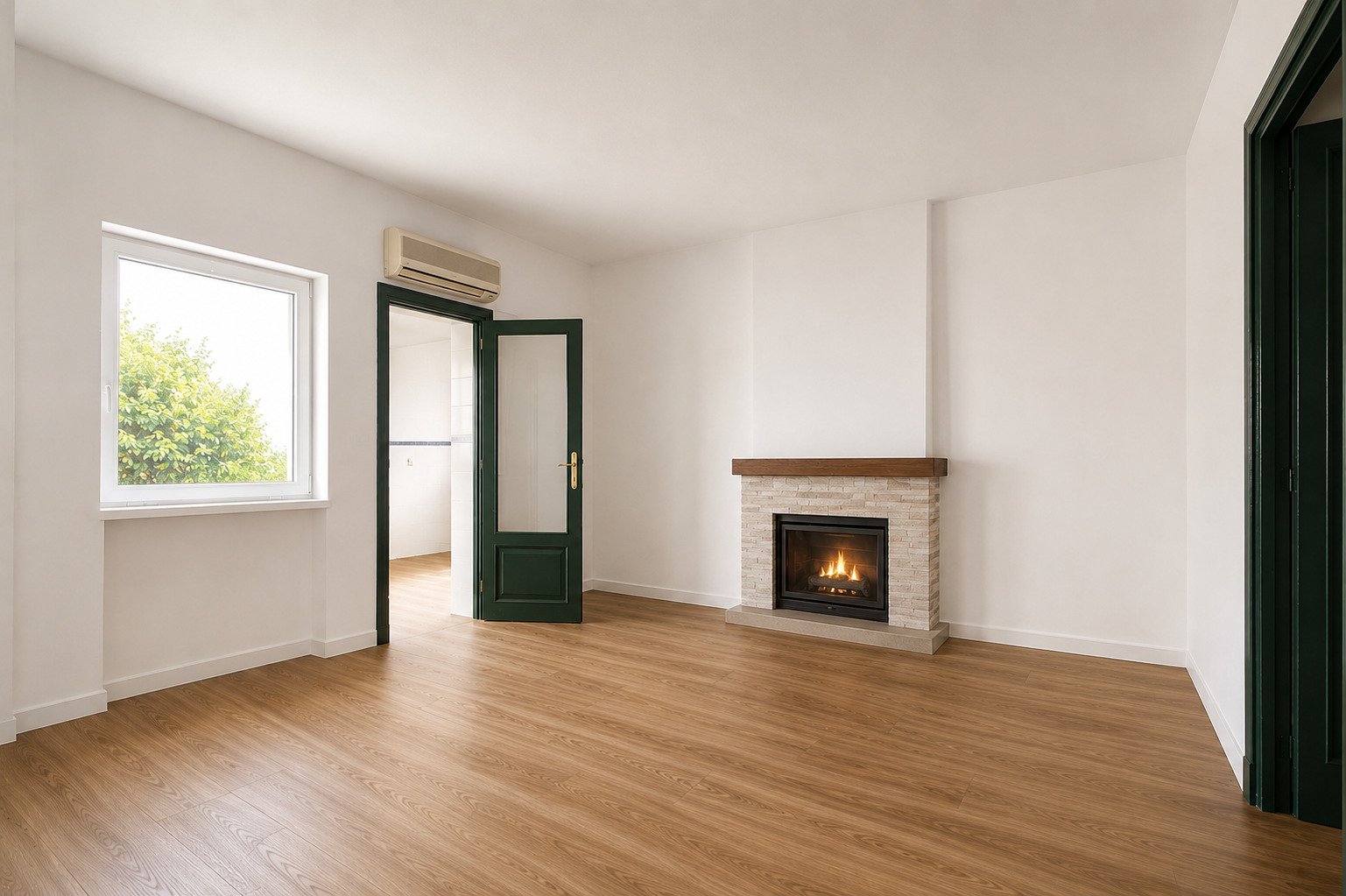 Wohnzimmer mit Kaminofen und Klimaanlage – Wohlfühl-Atmosphäre garantiert