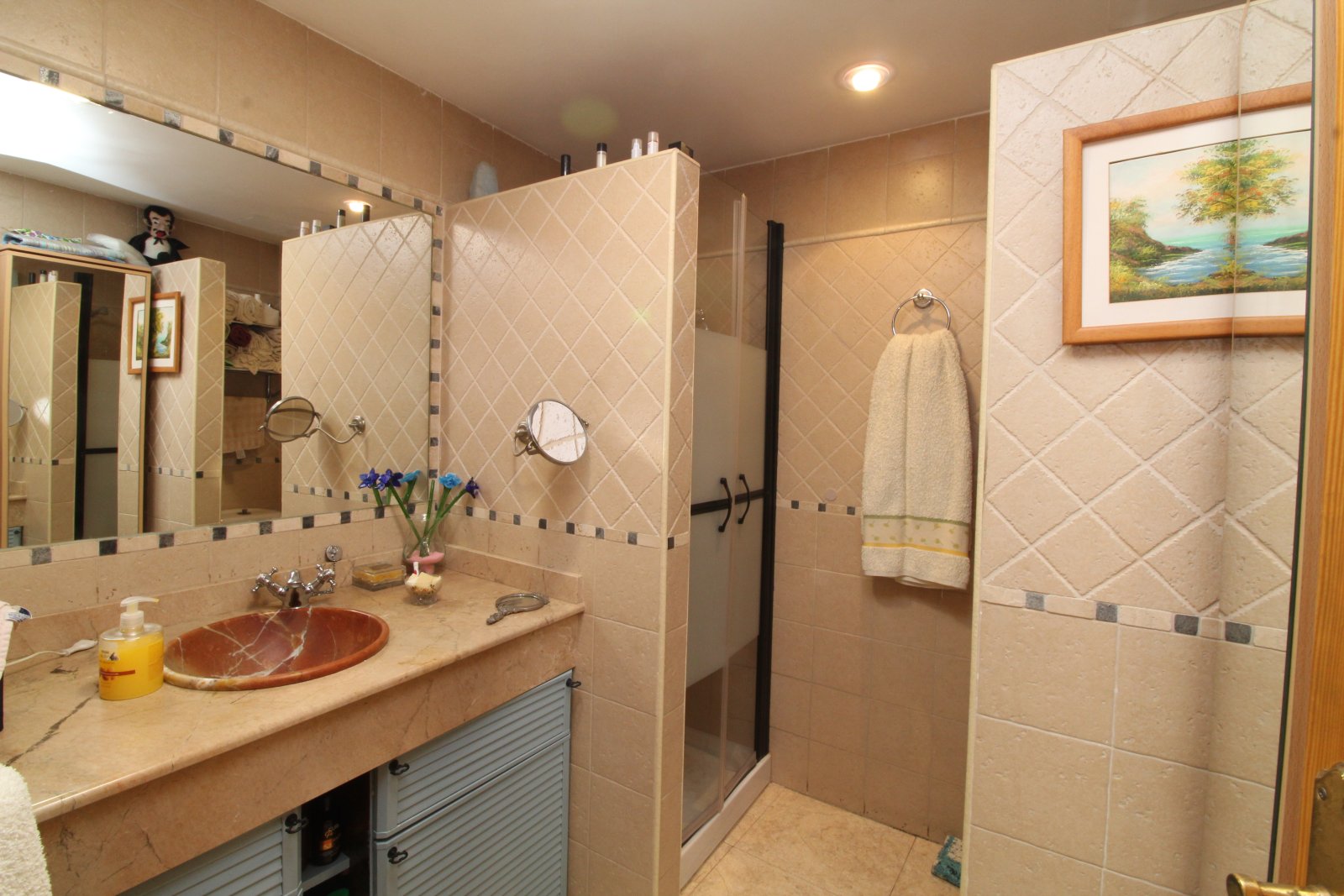 Modernes Badezimmer mit begehbarer Dusche und großflächigen Spiegelflächen Modernes Badezimmer mit begehbarer Dusche und großflächigen Spiegelflächen