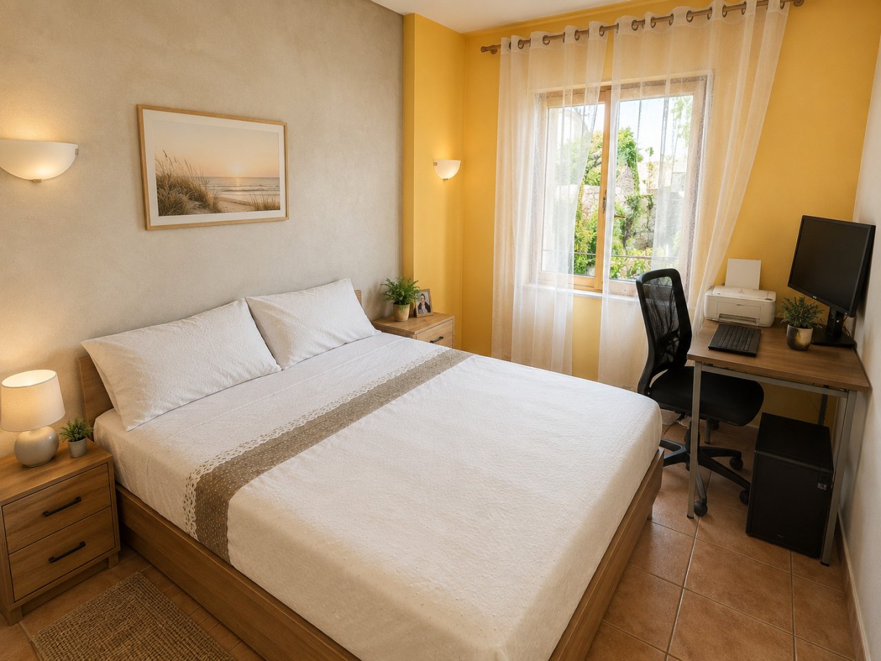 Schlafzimmer mit integriertem Arbeitsbereich und Zugang zur privaten Grünfläche