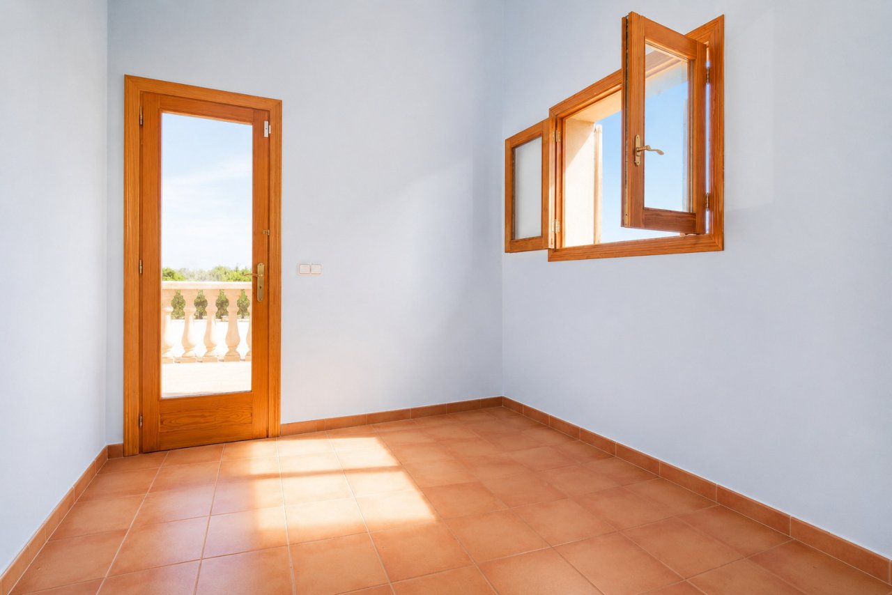 Helles Zimmer mit direktem Terrassenzugang und großflächigen Holzrahmen-Fenster Helles Zimmer mit direktem Terrassenzugang und großflächigen Holzrahmen-Fenster