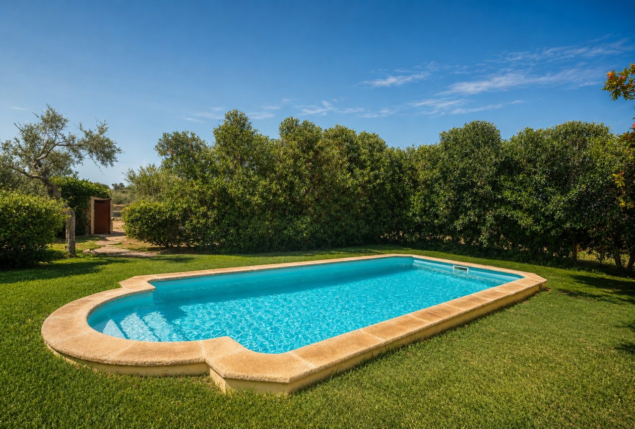 Erfrischungspool mit natursteingerahmtem Becken und gepflegtem Außenbereich Erfrischungspool mit natursteingerahmtem Becken und gepflegtem Außenbereich