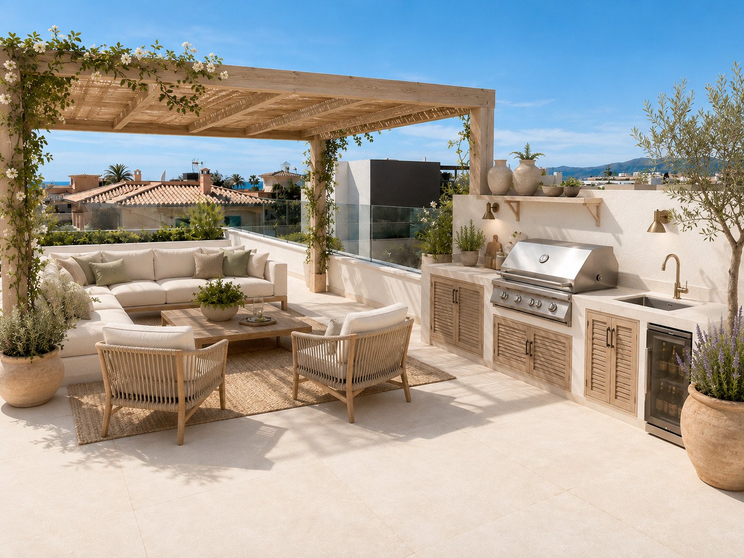 Exklusive Dachterrasse mit vollausgestatteter Außenküche und Pergola-Schattenspiel