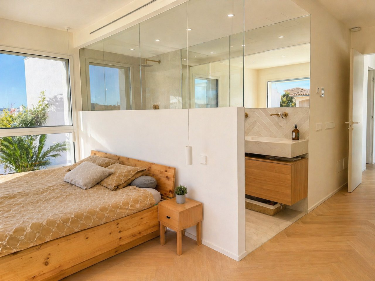 Luxuriöses Hauptschlafzimmer mit integriertem Badezimmer und Panoramafenstern