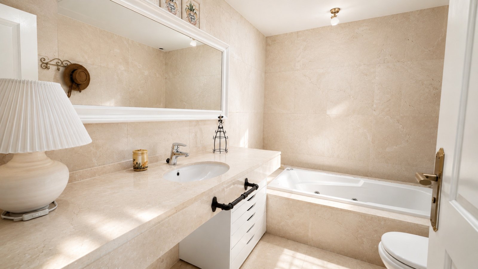 Edles Badezimmer mit Marmor-Ausstattung, Doppelwaschbecken und freistehender Badewanne Edles Badezimmer mit Marmor-Ausstattung, Doppelwaschbecken und freistehender Badewanne