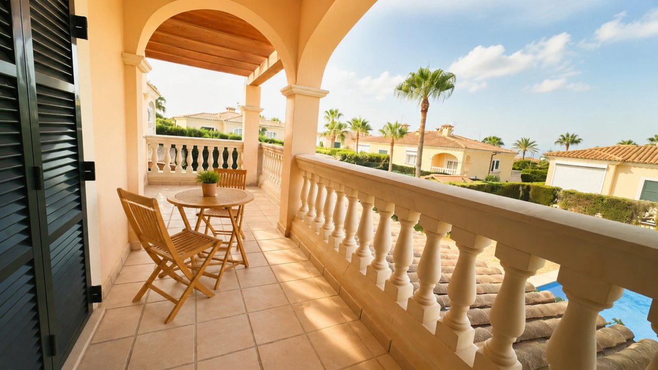 Mediterrane Terrasse mit eleganten Säulenarkaden und weitem Ausblick Mediterrane Terrasse mit eleganten Säulenarkaden und weitem Ausblick