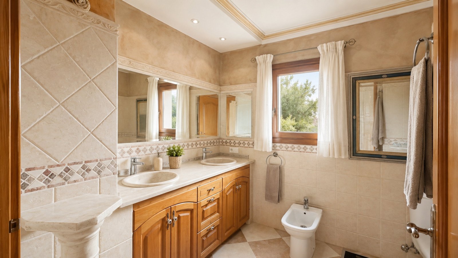 Luxuriöses Badezimmer mit Doppelwaschtisch, begehbarer Dusche und großflächigen Spiegeln Luxuriöses Badezimmer mit Doppelwaschtisch, begehbarer Dusche und großflächigen Spiegeln