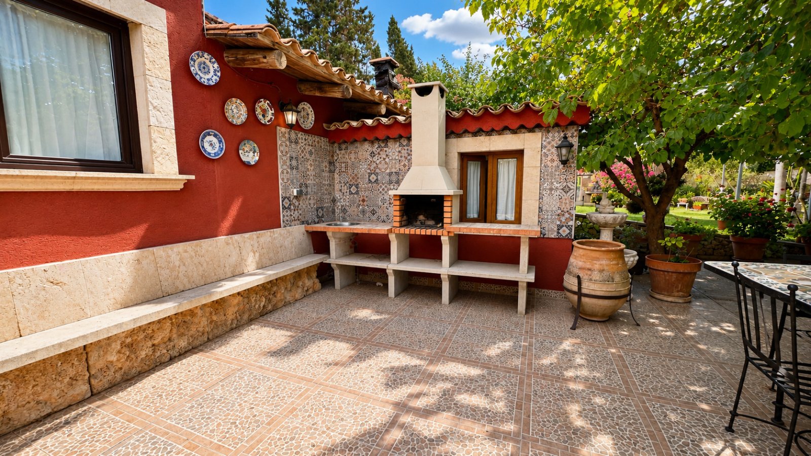 Terrassenbereich mit integriertem Kaminofen und komfortabler Sitzbank Terrassenbereich mit integriertem Kaminofen und komfortabler Sitzbank