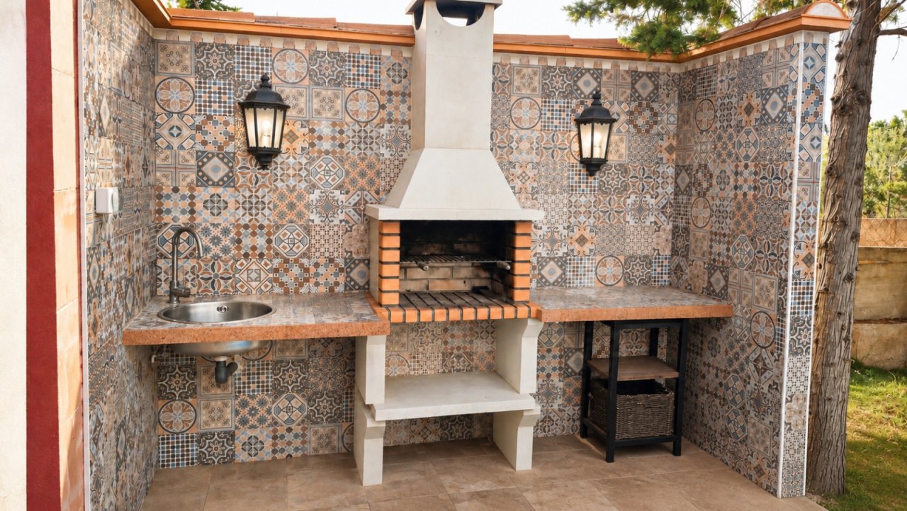 Outdoor-Küche mit integriertem Grill, Spüle und komfortablem Arbeitstresen Outdoor-Küche mit integriertem Grill, Spüle und komfortablem Arbeitstresen