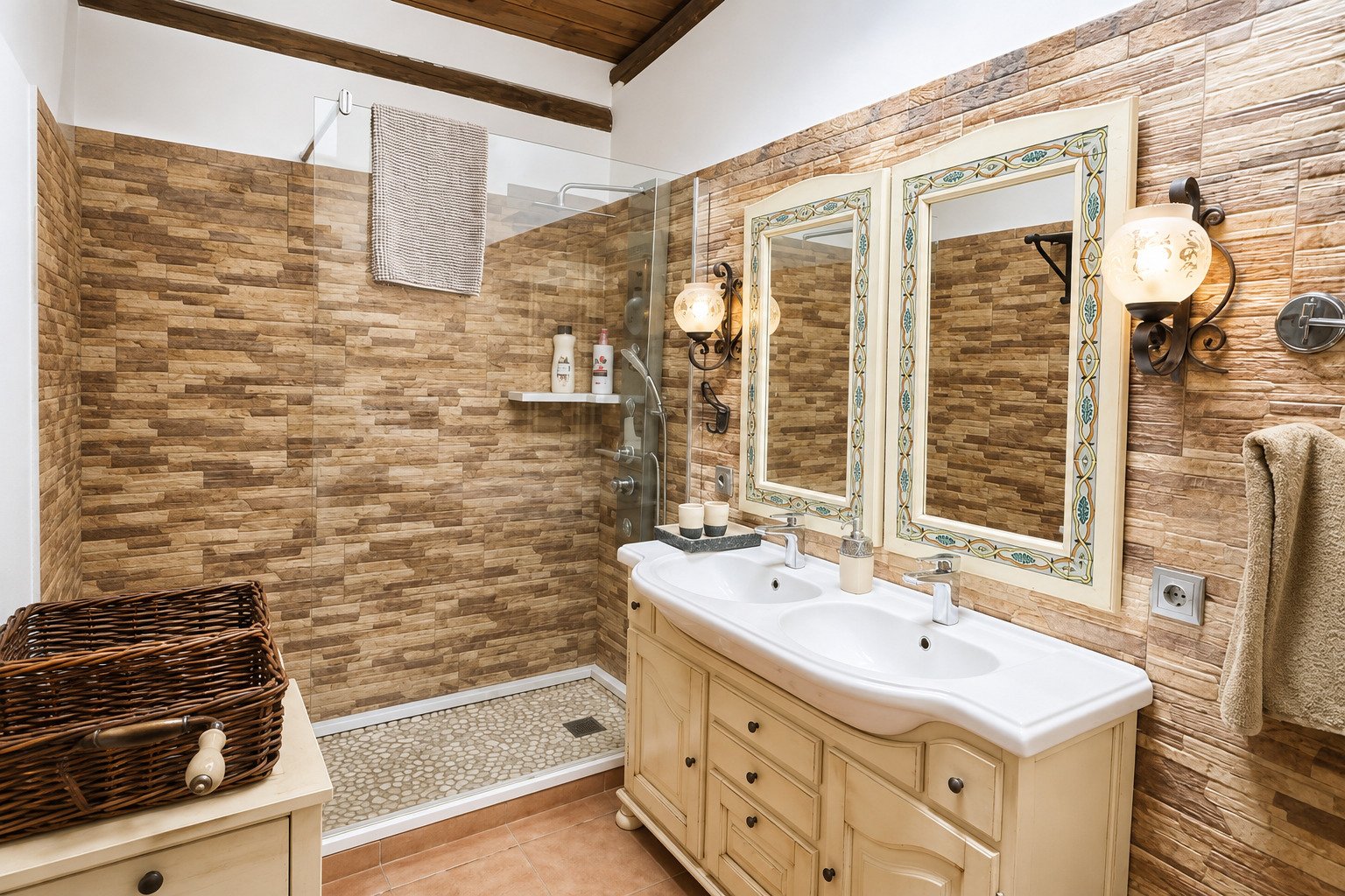 Modernes Badezimmer mit Walk-In-Dusche, Doppelwaschtisch und hochwertiger Natursteinausstattung Modernes Badezimmer mit Walk-In-Dusche, Doppelwaschtisch und hochwertiger Natursteinausstattung