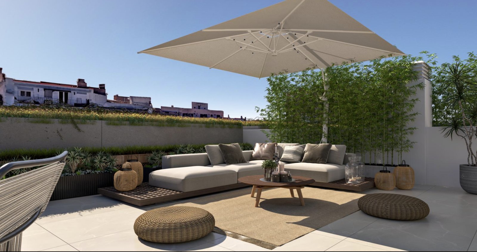 Dachterrasse mit flexiblen Aufenthaltsbereichen und hochwertiger Außenausstattung Dachterrasse mit flexiblen Aufenthaltsbereichen und hochwertiger Außenausstattung
