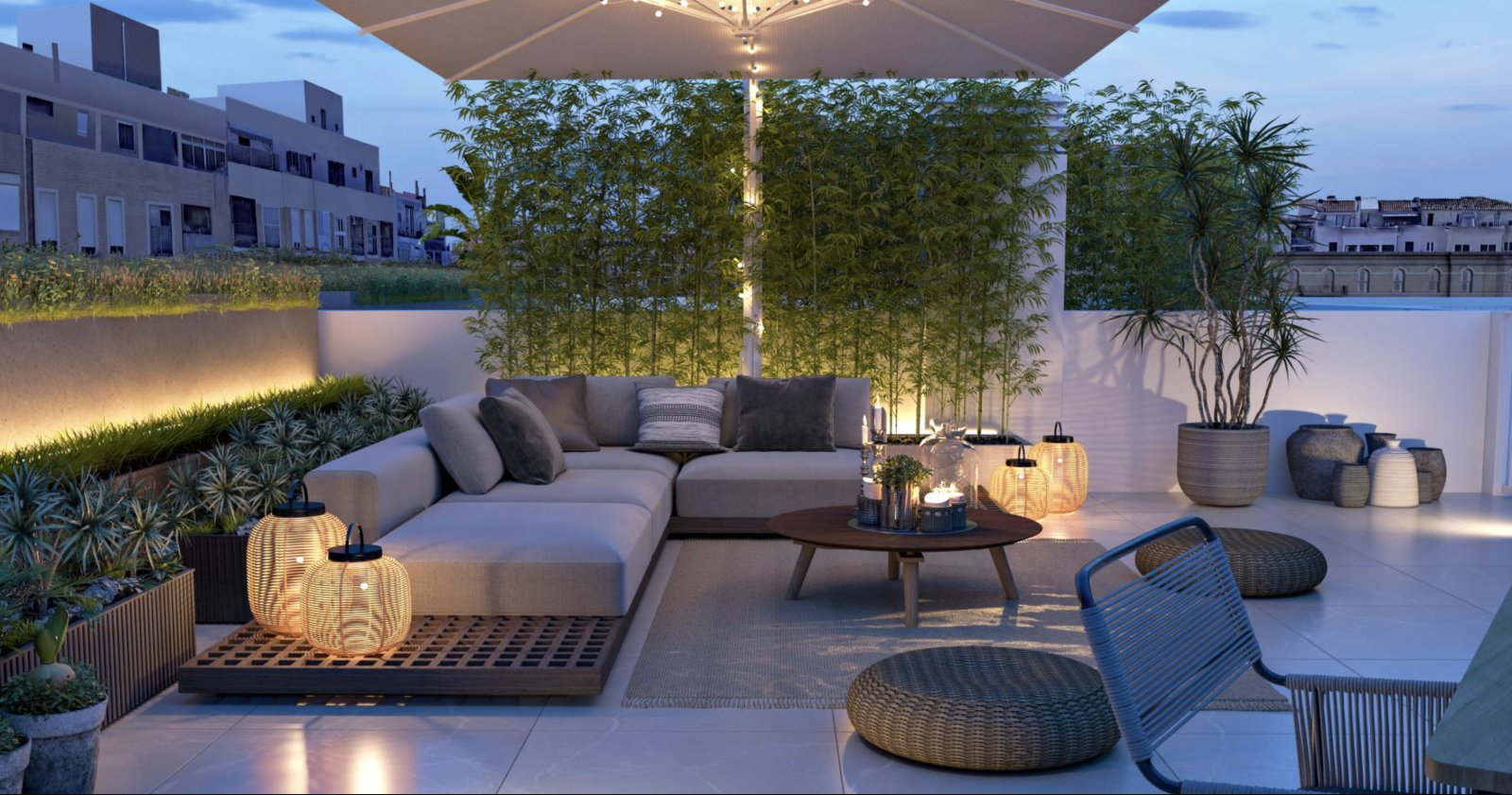 Dachterrasse mit durchdachter Funktionszonen-Aufteilung und hochwertiger Außengestaltung Dachterrasse mit durchdachter Funktionszonen-Aufteilung und hochwertiger Außengestaltung