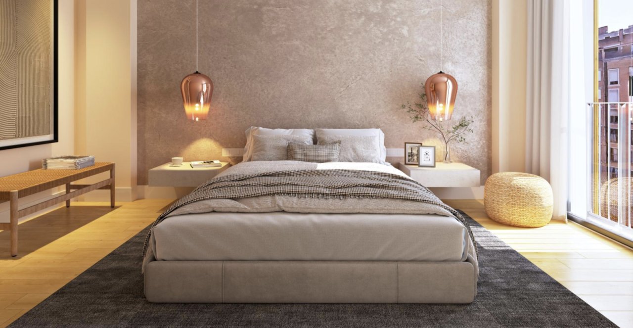 Schlafzimmer mit integrierter Nachttischfunktion und eleganter Pendelleuchten-Ausstattung Schlafzimmer mit integrierter Nachttischfunktion und eleganter Pendelleuchten-Ausstattung