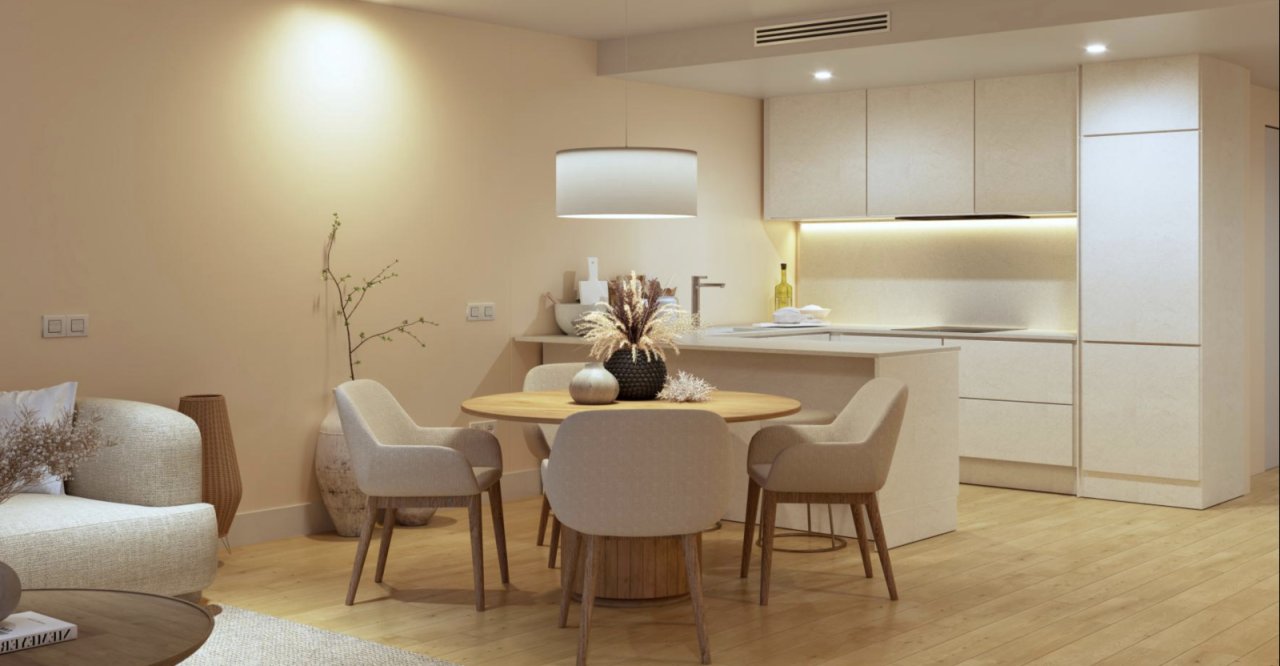 Moderne Küche mit integriertem Wohnbereich und hochwertiger LED-Beleuchtung Moderne Küche mit integriertem Wohnbereich und hochwertiger LED-Beleuchtung