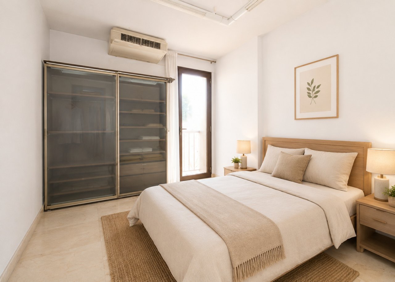 Schlafzimmer mit begehbarem Kleiderschrank und Balkonanbindung