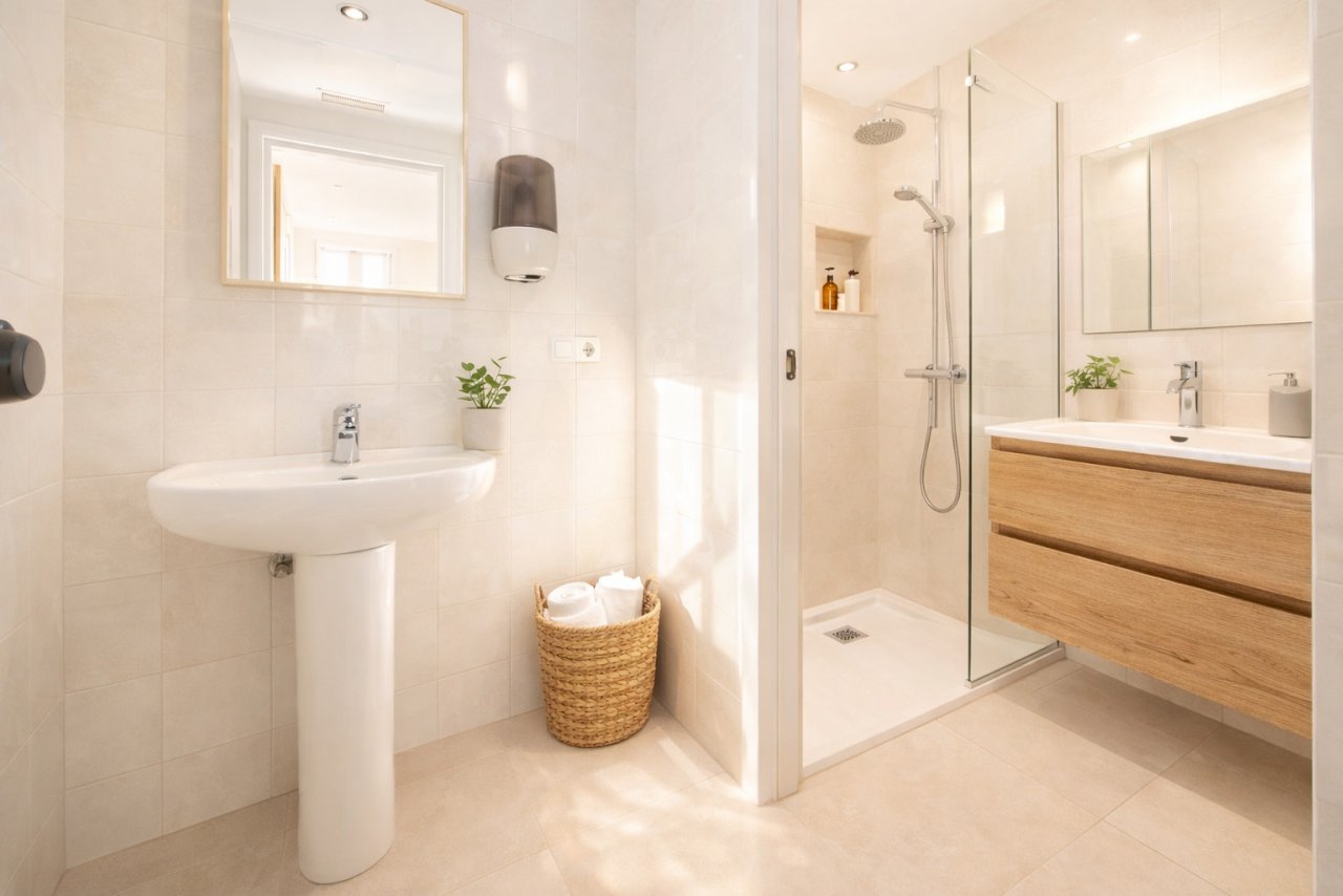 Modernes Badezimmer mit separater Duschzone und doppeltem Waschtisch