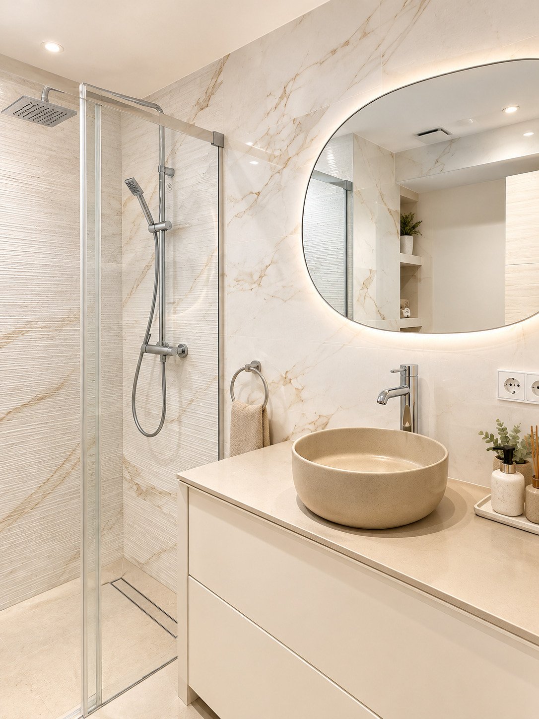Modernes Badezimmer mit begehbarer Dusche und integriertem Stauraum Modernes Badezimmer mit begehbarer Dusche und integriertem Stauraum