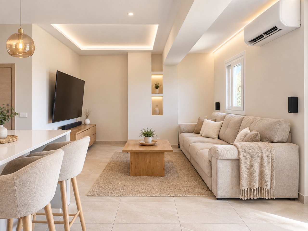 Wohnzimmer mit indirekter Deckenbeleuchtung und eingebauten Nischen Wohnzimmer mit indirekter Deckenbeleuchtung und eingebauten Nischen