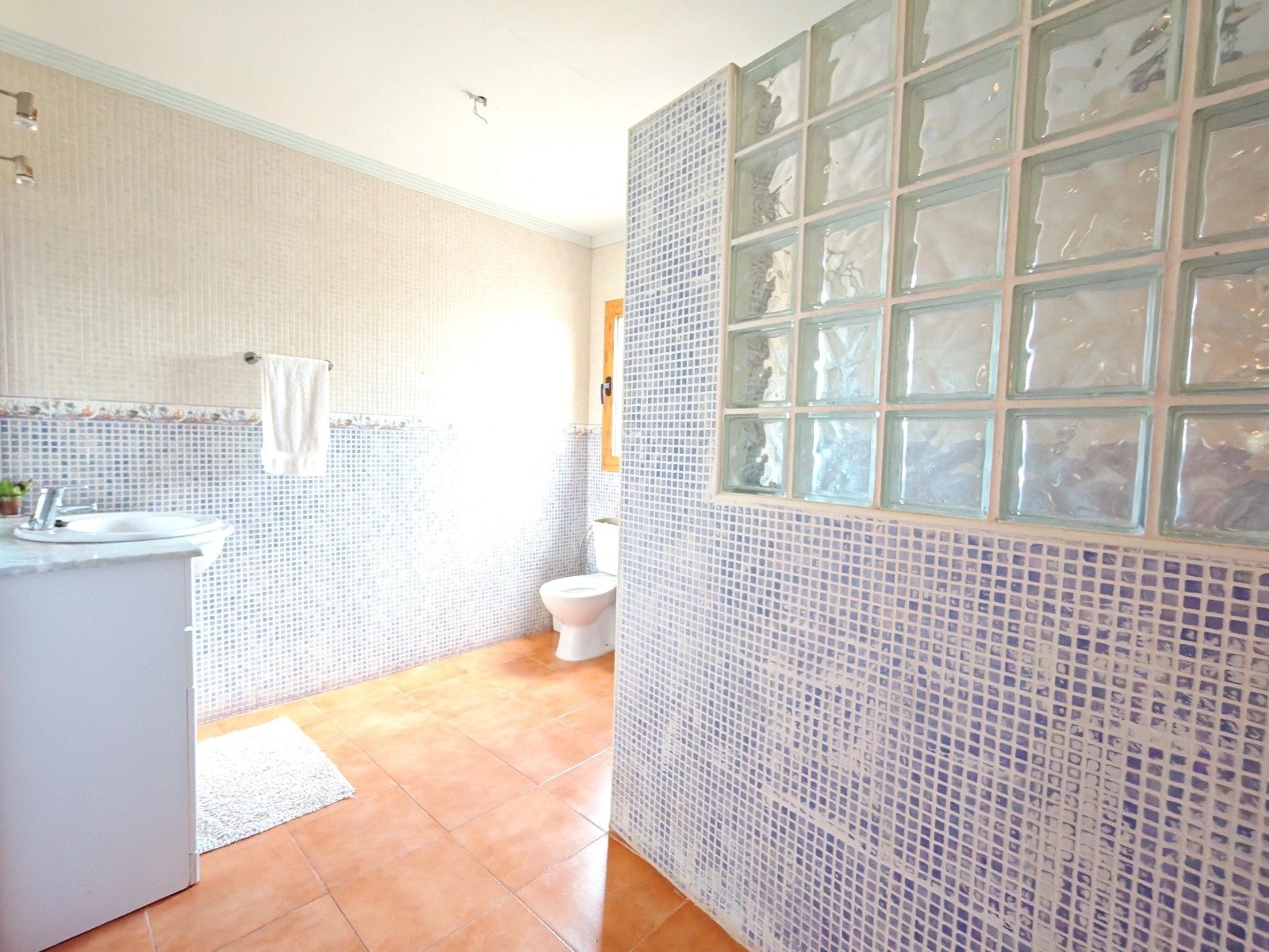 Modernes Badezimmer mit hochwertiger Mosaikfliesengestaltung und großflächigen Glassteinelementen