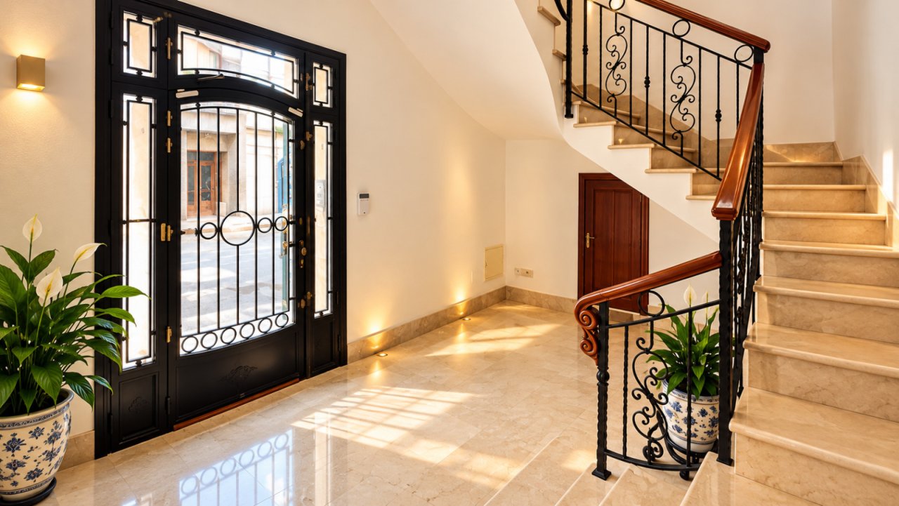 Repräsentativer Eingangsbereich mit eleganter Treppe und hochwertigen Schmiedeeisen-Geländern