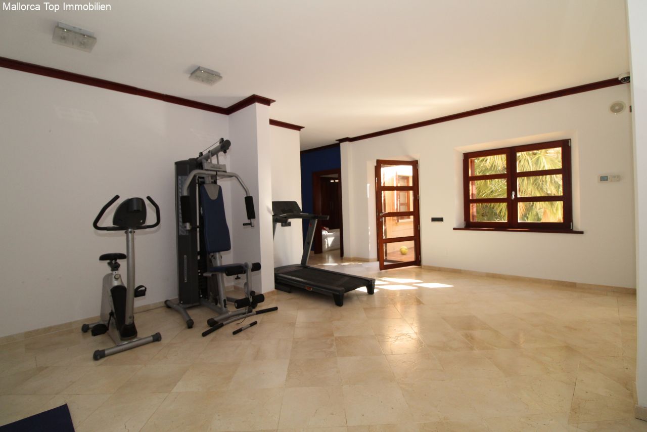 Fitness- und Trainingsraum mit hohen Decken und großflächigen Fenstern zum Garten Fitness- und Trainingsraum mit hohen Decken und großflächigen Fenstern zum Garten