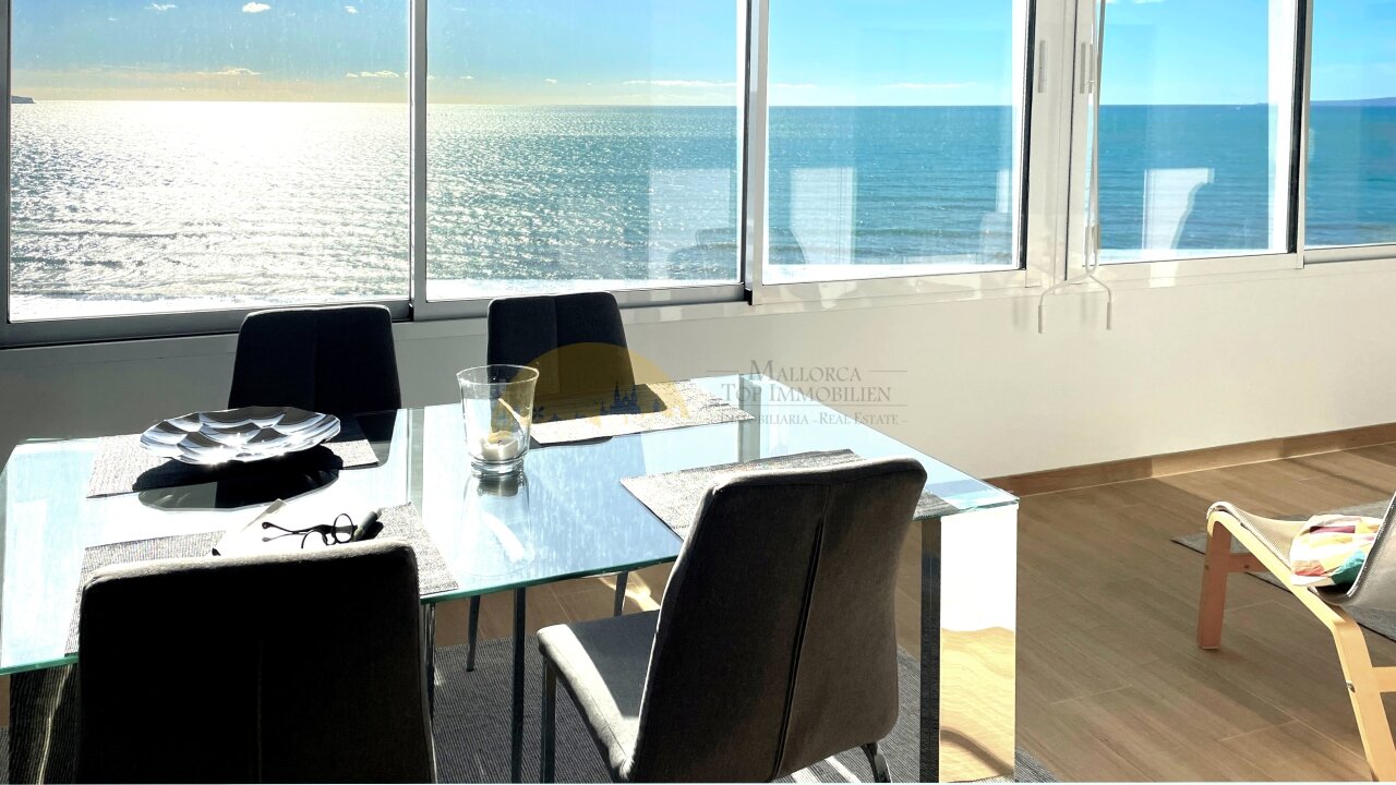 Meerwasser-Panorama: Büroraum mit bodentiefem Fensterfront und freiem Horizont Meerwasser-Panorama: Büroraum mit bodentiefem Fensterfront und freiem Horizont