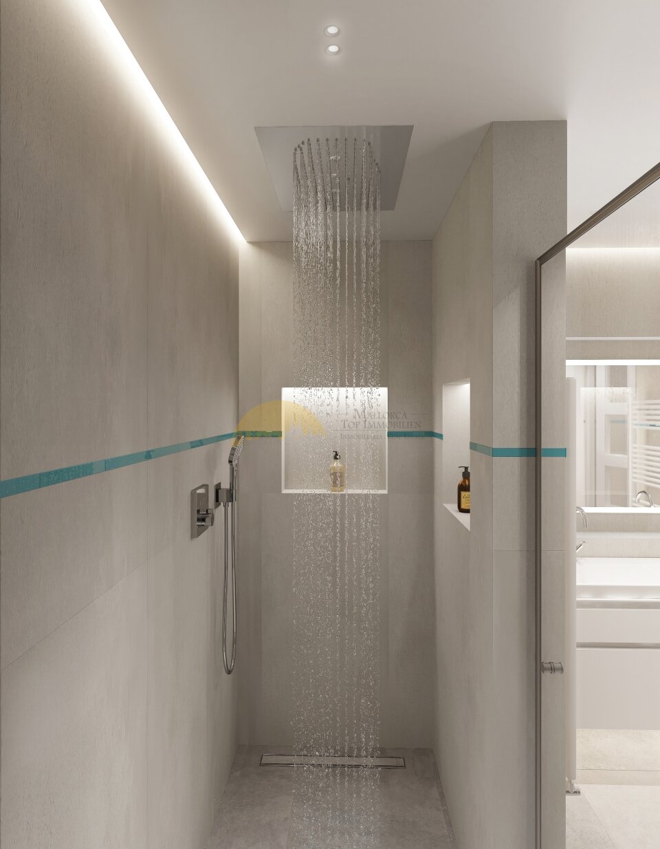 Wellness-Dusche mit Deckenregenschauer, Nischenablage und indirekter Beleuchtung Wellness-Dusche mit Deckenregenschauer, Nischenablage und indirekter Beleuchtung