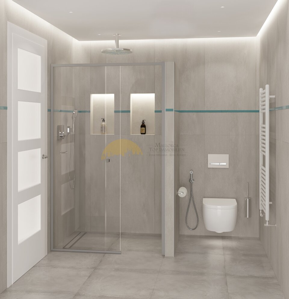 Luxuriöses Badezimmer mit begehbarer Dusche, Regendusche und integriertem Spiegelschrank Luxuriöses Badezimmer mit begehbarer Dusche, Regendusche und integriertem Spiegelschrank