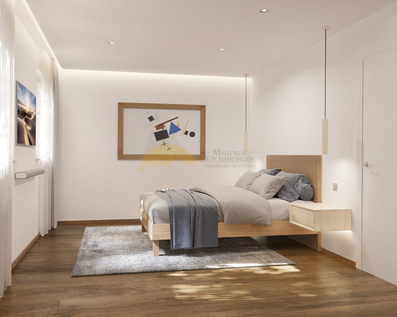Helles Schlafzimmer mit raumhoher Verglasung, Echtholzparkett und integrierter Pendelleuchten-Beleuchtung Helles Schlafzimmer mit raumhoher Verglasung, Echtholzparkett und integrierter Pendelleuchten-Beleuchtung