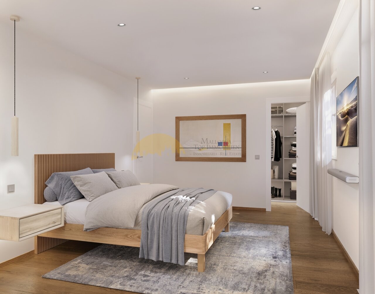 Hauptschlafzimmer mit begehbarem Ankleideraum, indirekter Deckenbeleuchtung und hochwertigen Echtholzoberflächen Hauptschlafzimmer mit begehbarem Ankleideraum, indirekter Deckenbeleuchtung und hochwertigen Echtholzoberflächen