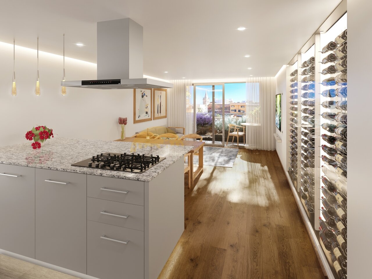Moderne Küche mit Kochinsel, Dunstabzugsanlage und Weinklimaschrank Moderne Küche mit Kochinsel, Dunstabzugsanlage und Weinklimaschrank